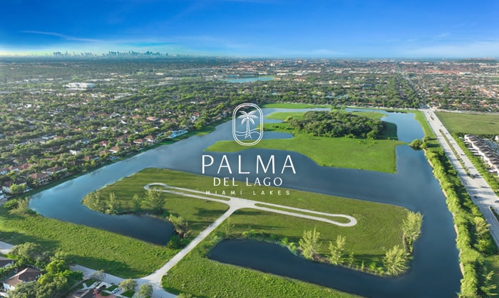 aerial of palma del lago location with logo